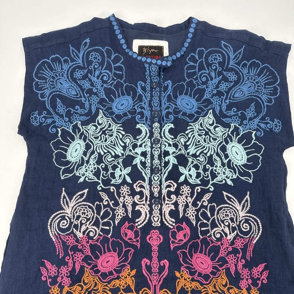 Johnny Was Biya‎ Embroidered Dress Womens XS Blue Linen - Picture 2 of 7